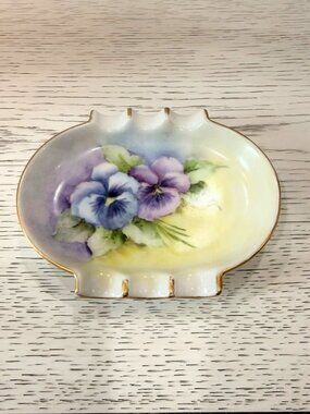 Vintage Hand Painted Porcelain Ashtray Purple Blue Flowers Signed by B. Buchan